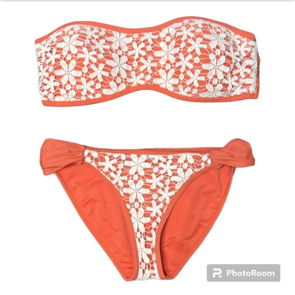 aerie Other - Aerie Crocheted Overlay Coral Bikini Top size L, bottom size M